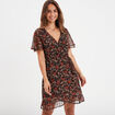 Robe col cache-coeur manches papillons camel femme