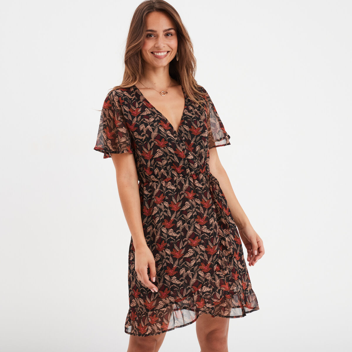 Robe col cache-coeur manches papillons camel femme