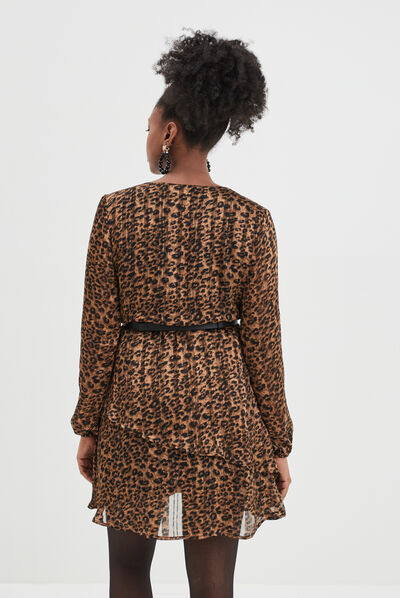 Robe droite ceinturée beige femme
