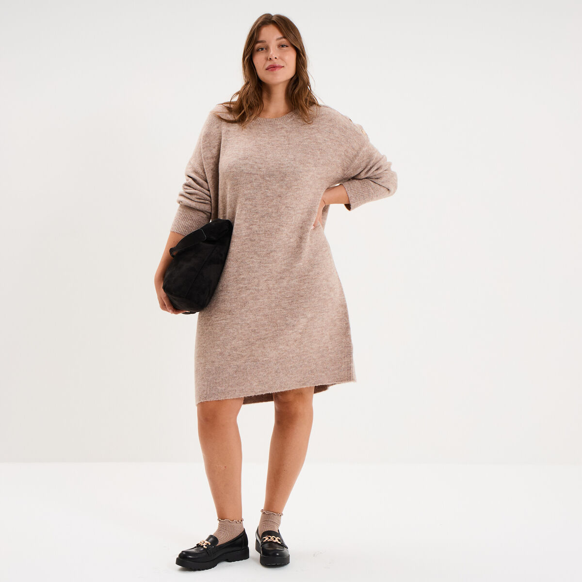 Robe pull droite boutons &eacute;paule sable femme grande taille