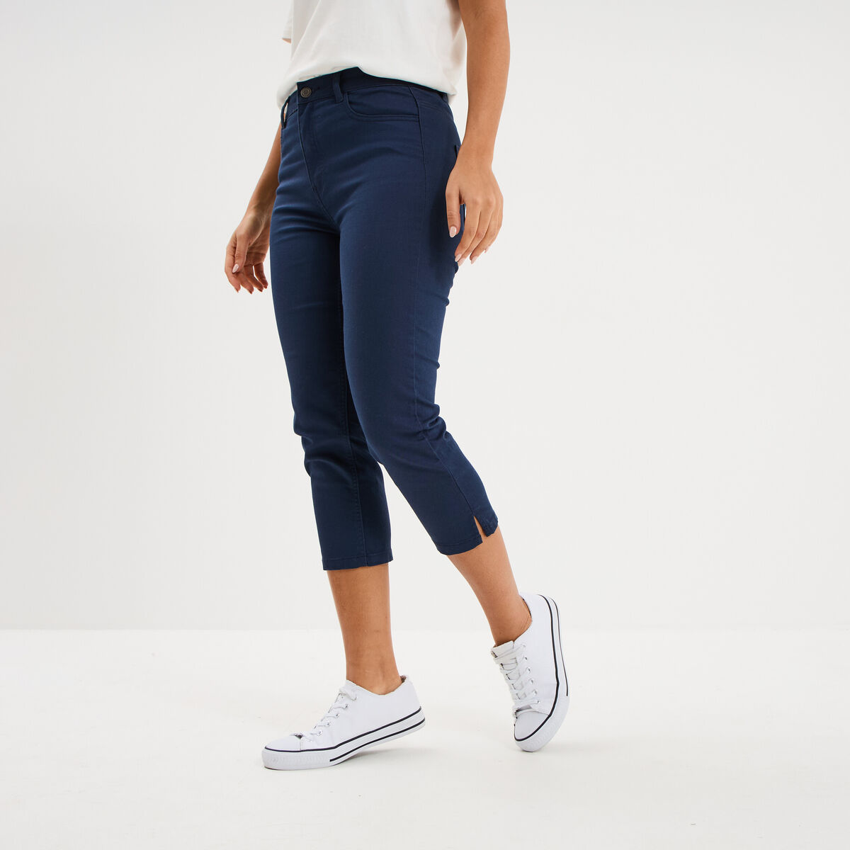 Pantalon capri slim twill 5 poches bleu marine femme
