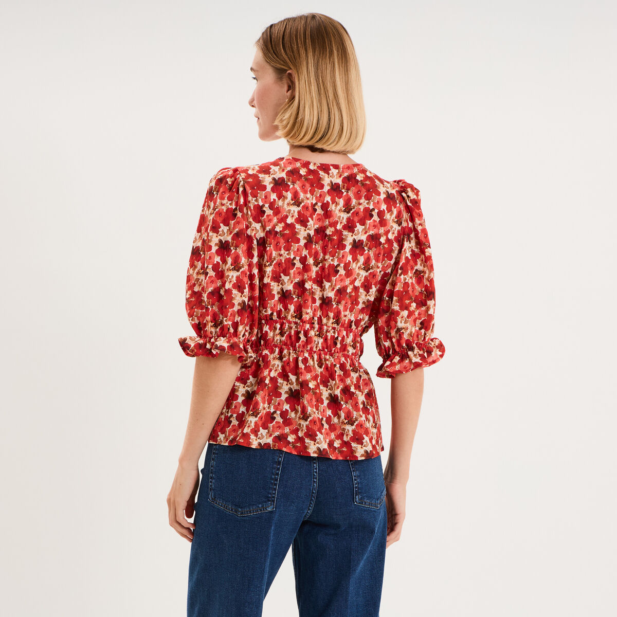 Blouse smok&eacute;e manches 3/4 col V rouge coquelicot femme