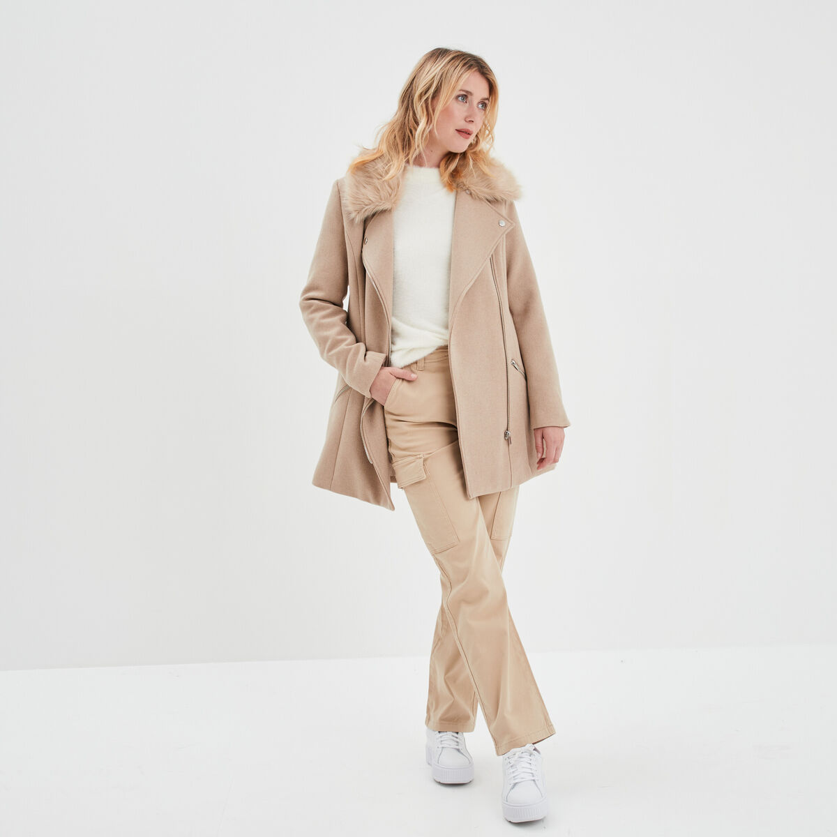 Manteau droit zippé beige femme