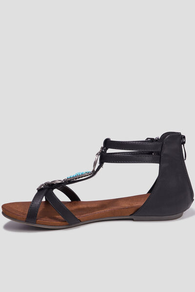 Sandales zippées avec détails bijoux noir femme