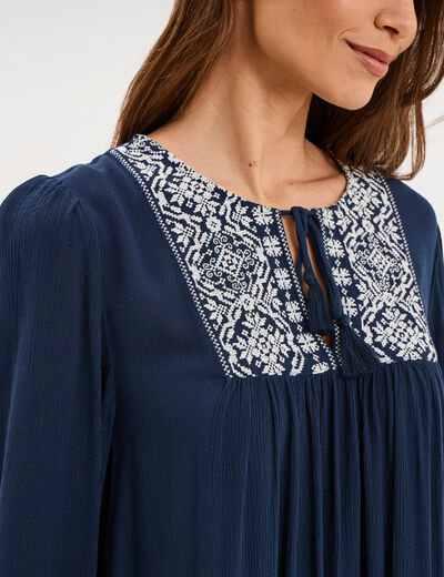 Robe fluide brod&eacute;e manches 3/4 bleu marine femme