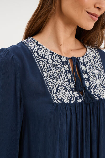 Robe fluide brod&eacute;e manches 3/4 bleu marine femme