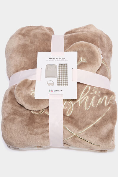 Ensemble pyjama effet polaire 3 pi&egrave;ces beige femme