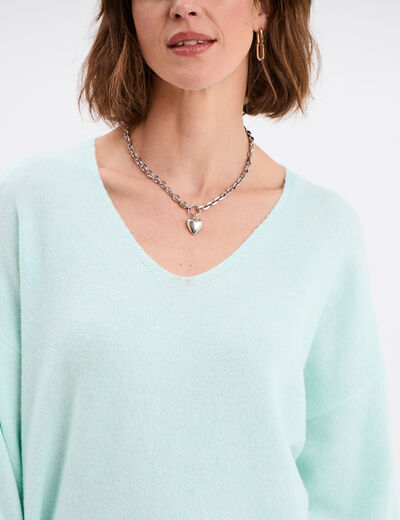 Pull col en V manches longues bleu turquoise femme