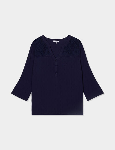 Blouse plumetis avec épaules dentelle bleu marine femme grande taille