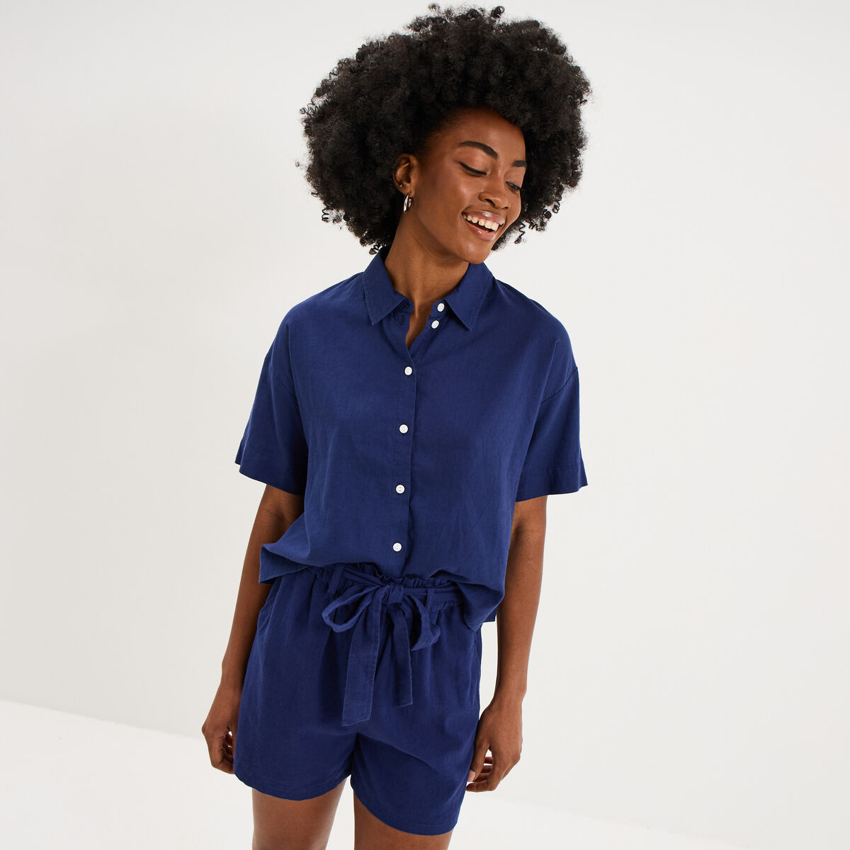 Chemise manches courtes lin m&eacute;lang&eacute; bleu fonc&eacute; femme