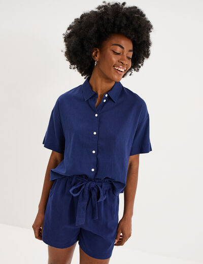 Chemise manches courtes lin m&eacute;lang&eacute; bleu fonc&eacute; femme