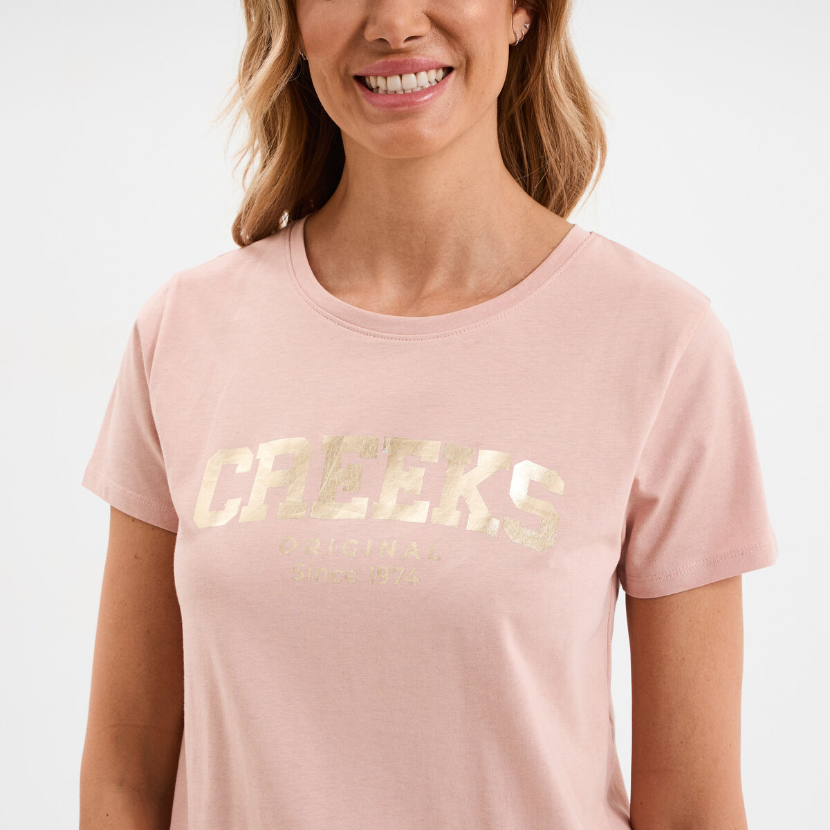 T-shirt col rond manches courtes Creeks rose poudrée femme