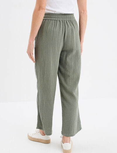 Pantalon fluide élastiqué gaze de coton vert kaki femme