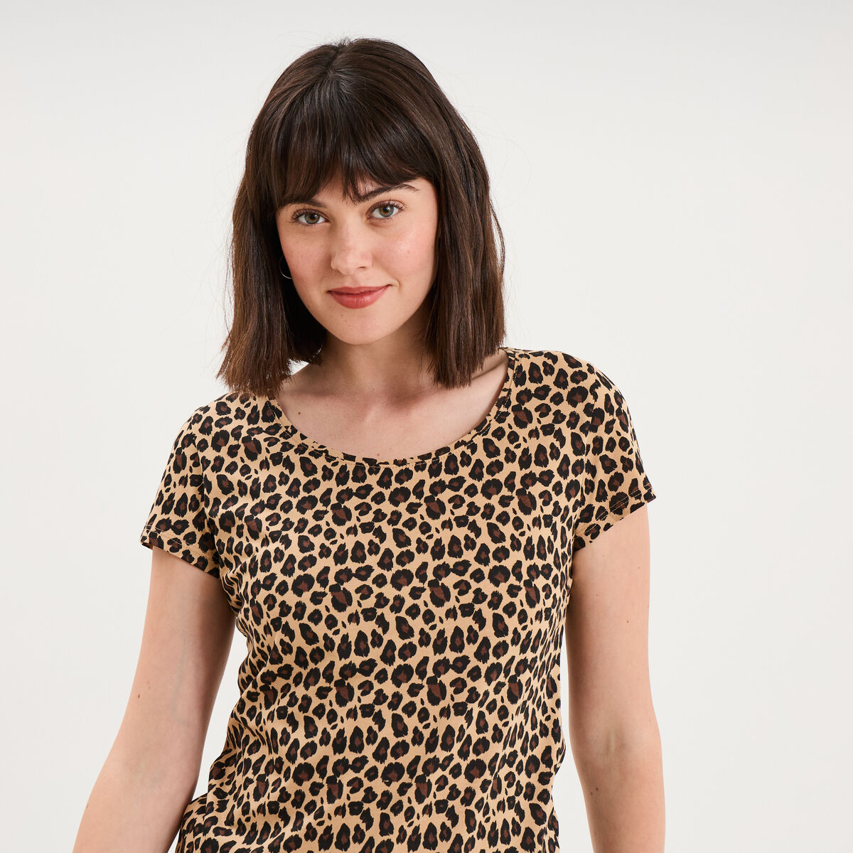 T-shirt coton imprim&eacute; coupe ajust&eacute;e beige femme