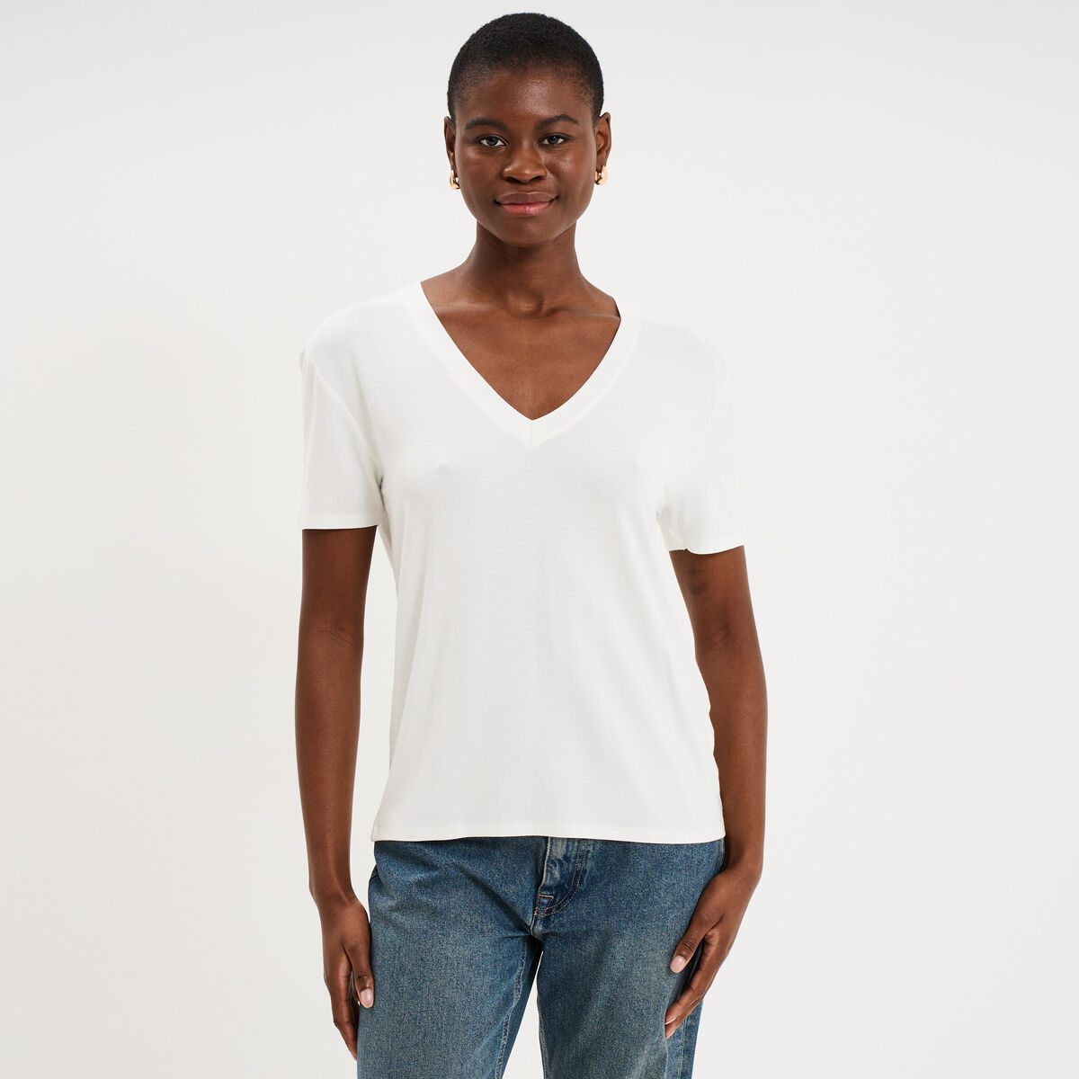 T-shirt fluide col en V manches courtes blanc femme