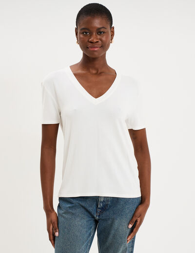 T-shirt fluide col en V manches courtes blanc femme