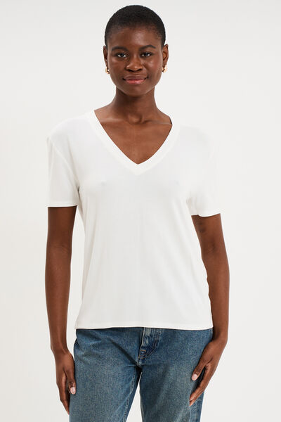 T-shirt fluide col en V manches courtes blanc femme