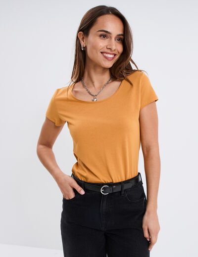 T-shirt coton col rond manches courtes jaune moutarde femme