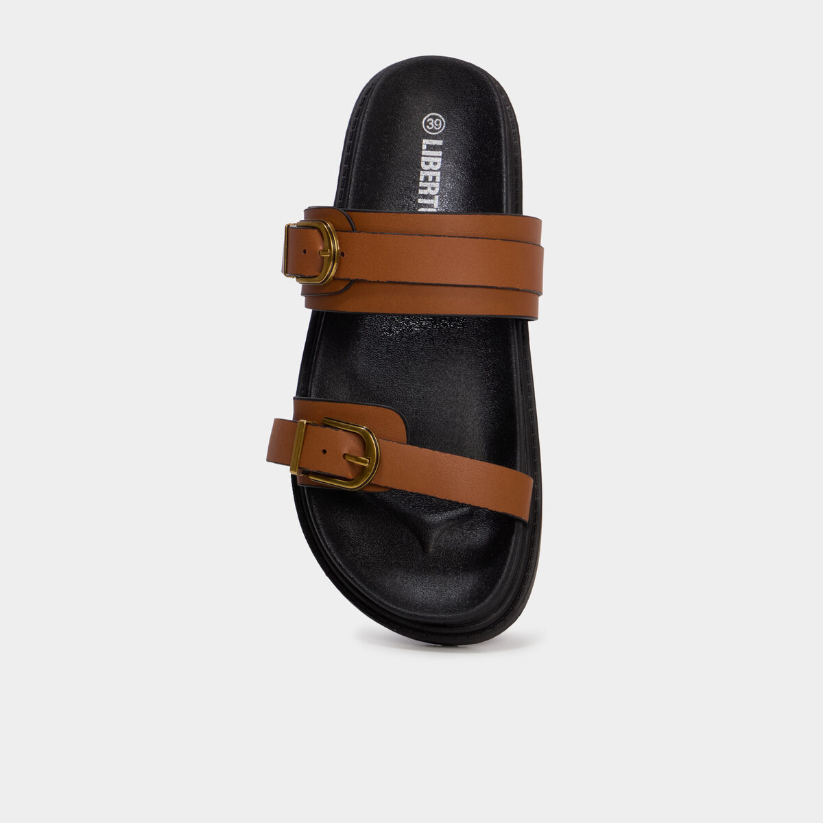 Mules doubles brides &agrave; boucles marron femme