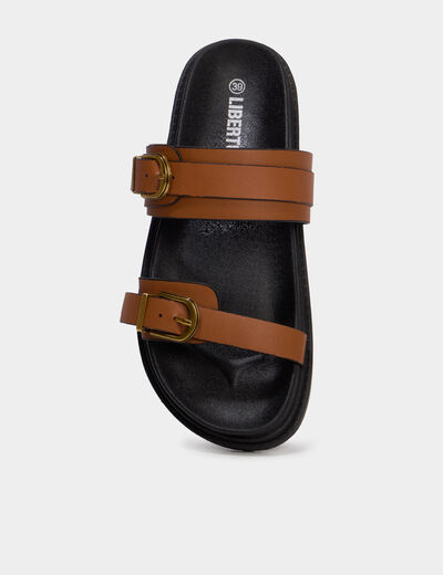 Mules doubles brides &agrave; boucles marron femme