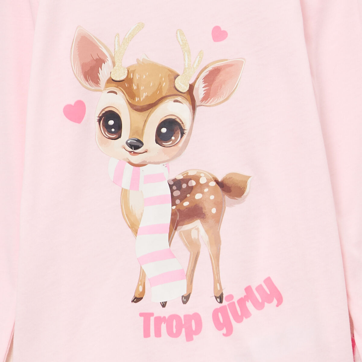 Ensemble pyjama pantalon t-shirt peluche rose poudr&eacute;e fille