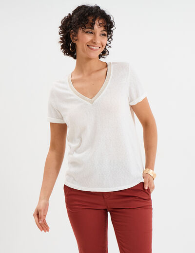 T-shirt col en V manches courtes blanc femme