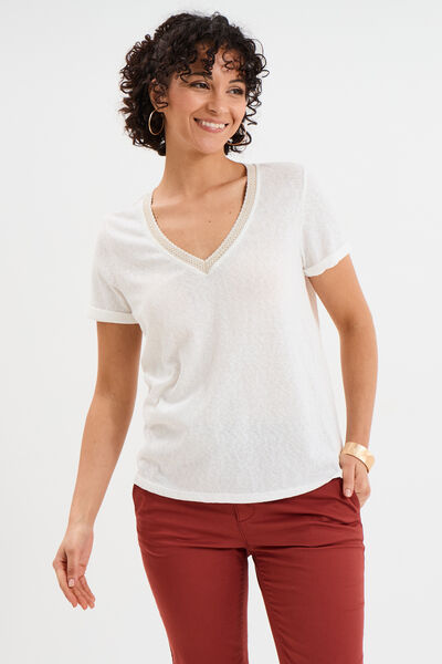 T-shirt col en V manches courtes blanc femme