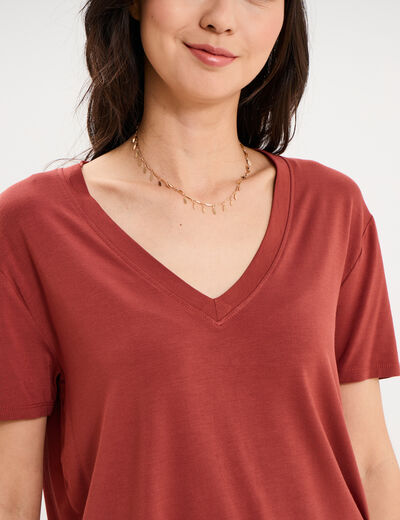 T-shirt fluide col en V manches courtes rouge fonc&eacute; femme