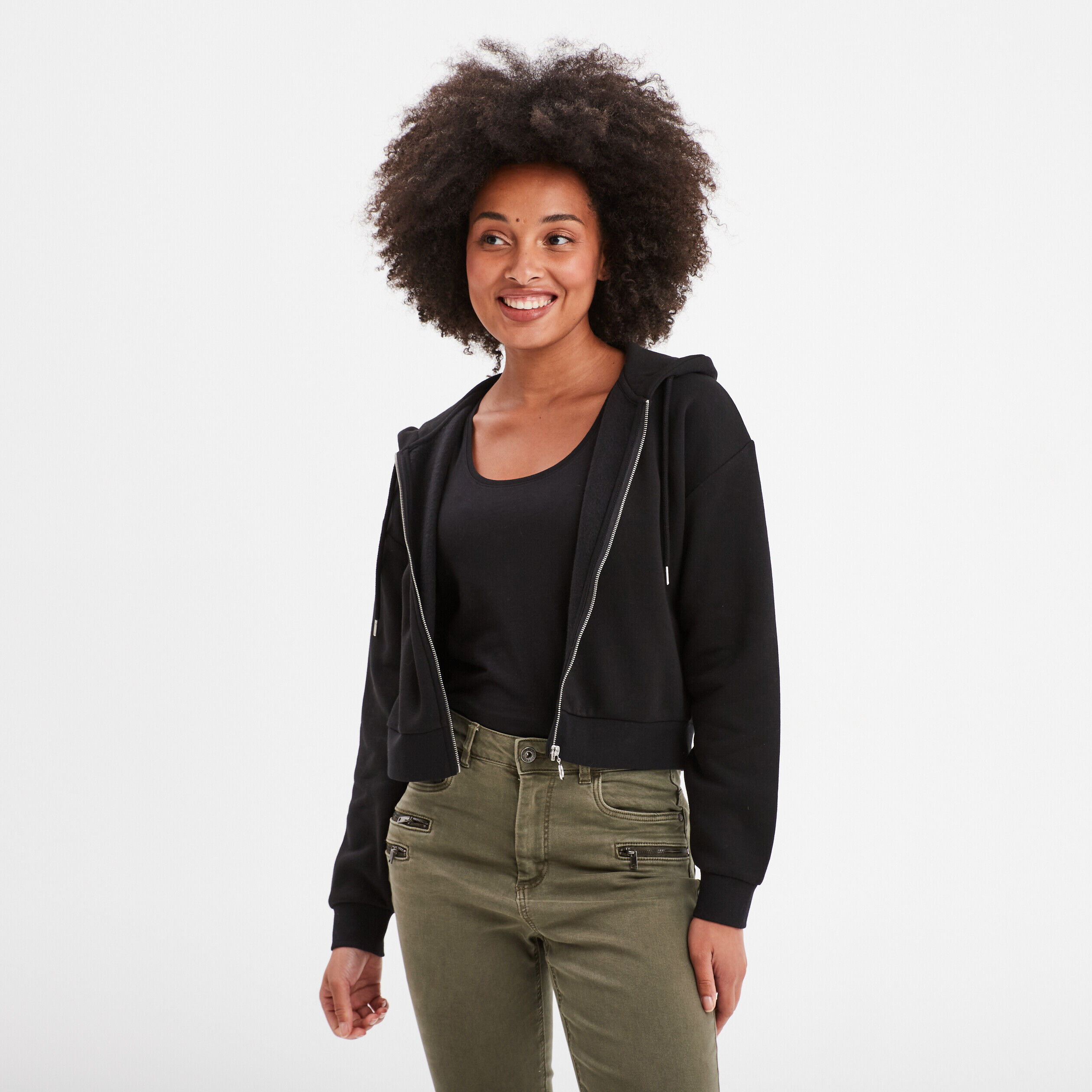 Sweat zippé à capuche court noir femme LH