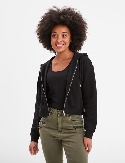 Sweat zippé à capuche court noir femme