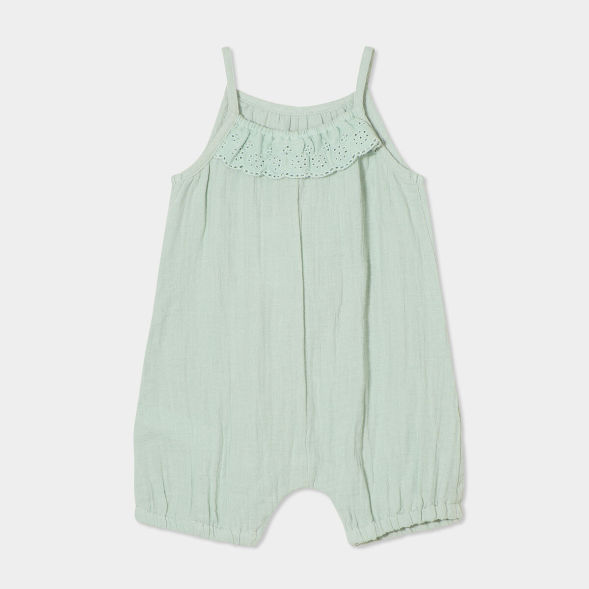 Combinaison bretelles fines gaze coton vert pastel b&eacute;b&eacute; fille
