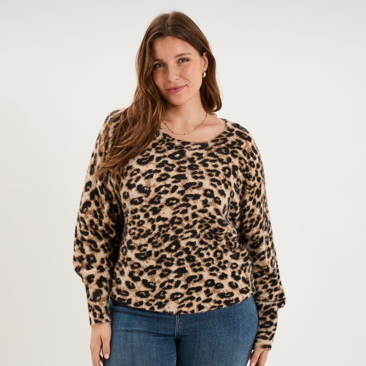 Pull manches longues col rond beige femme grande taille