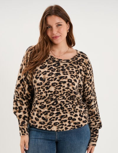 Pull manches longues col rond beige femme grande taille