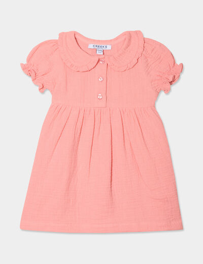 Robe col claudine gaze de coton rose corail bébé fille
