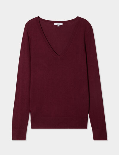 Pull col en V manches longues bordeaux femme