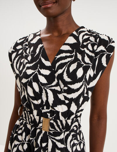 Robe longue cintr&eacute;e ceinture smock&eacute;e noir femme