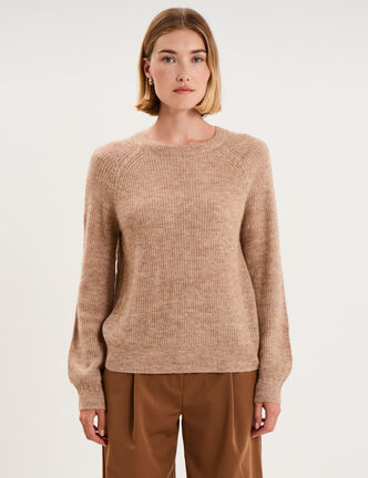 Pull col rond manches longues beige femme