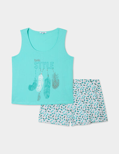 Ensemble pyjama short et débardeur coton bleu turquoise femme grande taille