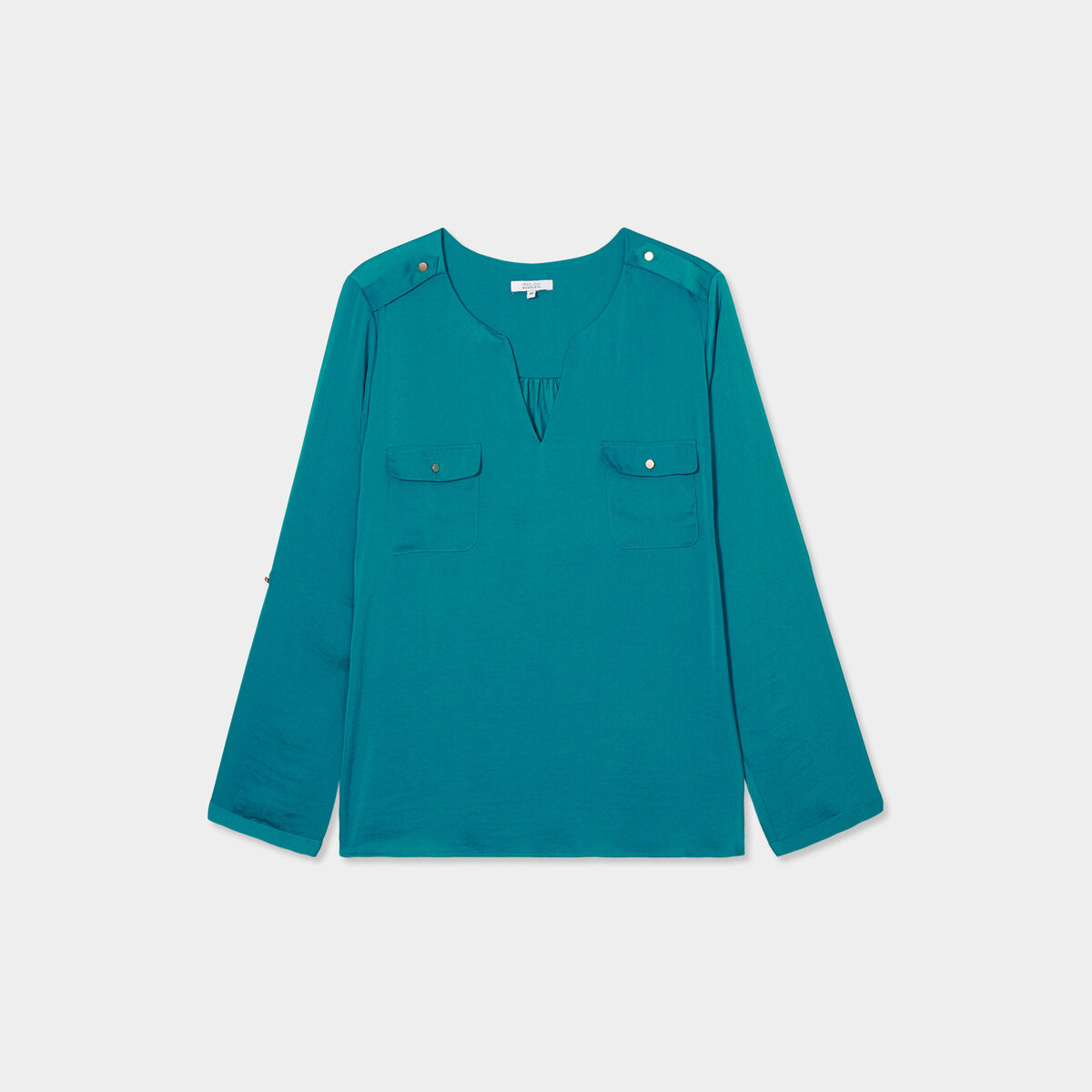 Blouse effet satin col tunisien bleu canard femme grande taille