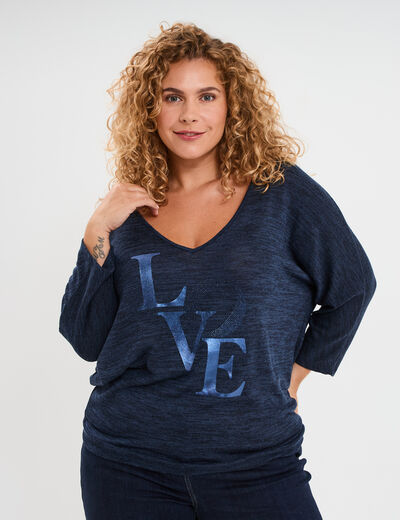 Pull manches 3/4 chauve-souris col V bleu marine femme grande taille