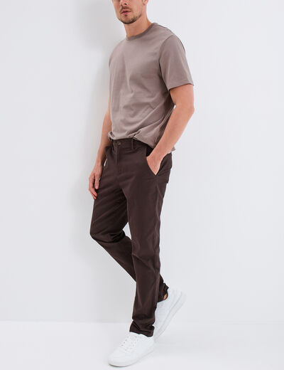 Pantalon chino droit stretch retroussé marron foncé homme