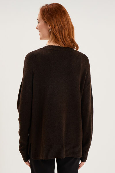 Pull col en V manches longues marron fonc&eacute; femme
