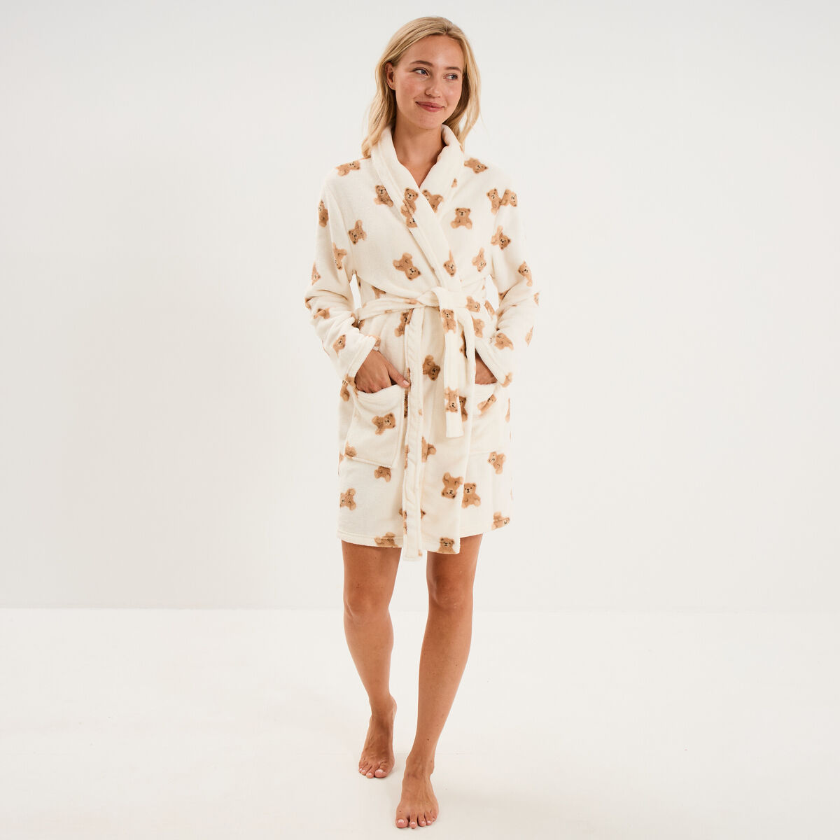 Peignoir court effet velours ceintur&eacute; ecru femme