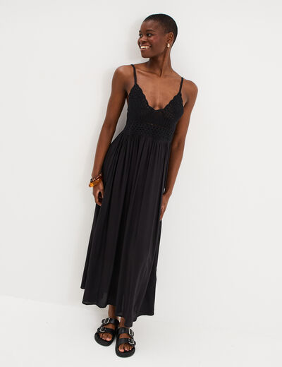 Robe longue buste effet crochet noir femme
