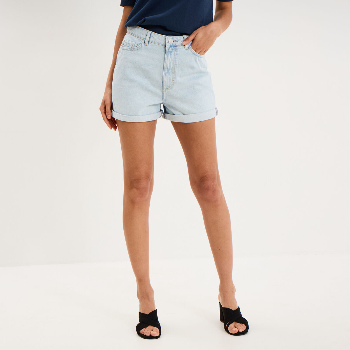 Short mom en jean 5 poches denim bleach femme