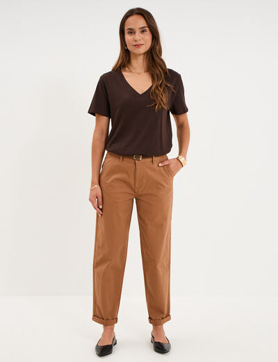 T-shirt manches courtes col en V coton marron fonc&eacute; femme