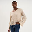 Pull ajour&eacute; col en V manches longues beige femme