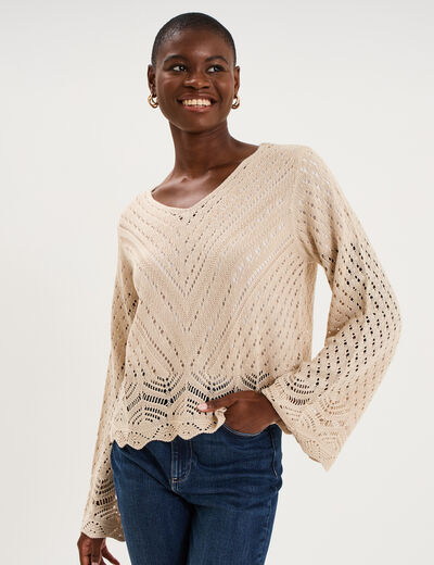Pull ajour&eacute; col en V manches longues beige femme