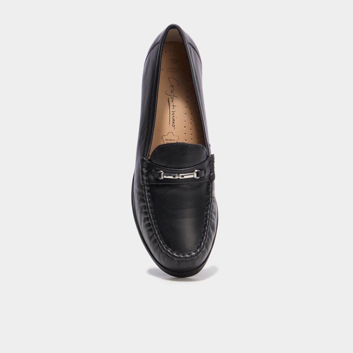 Mocassins confort pied large en cuir noir femme