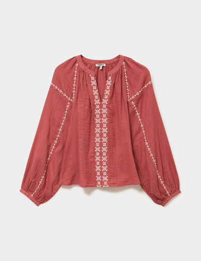 Blouse brod&eacute;e manches longues coton vieux rose femme
